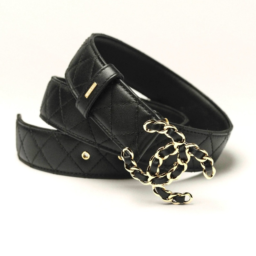 CHANEL BLACK CALFSKIN QUILTED CC CHAIN BELT SIZE 80/32